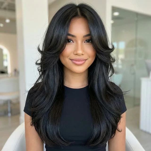 AI butterfly cut try-on on long straight hair with bangs 2026