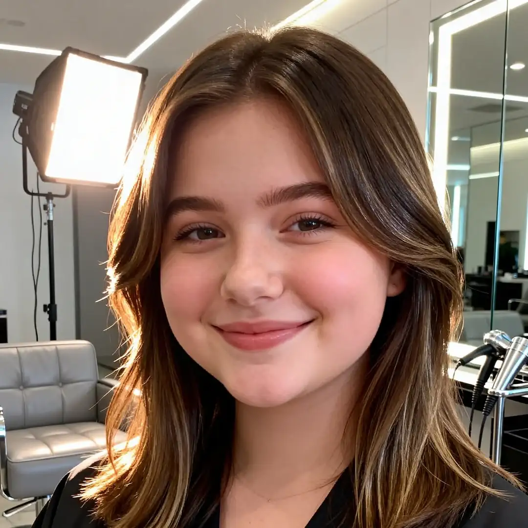 Woman with round face trying on different hairstyles
